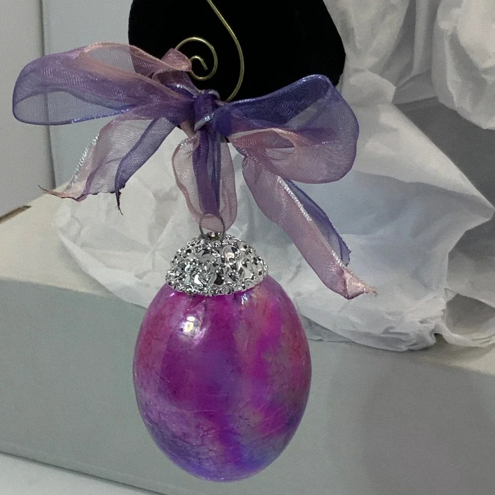Artisan Purple Pink Glass Egg Ornament with Silver Filigree Cap and Ribbon Bow‎
